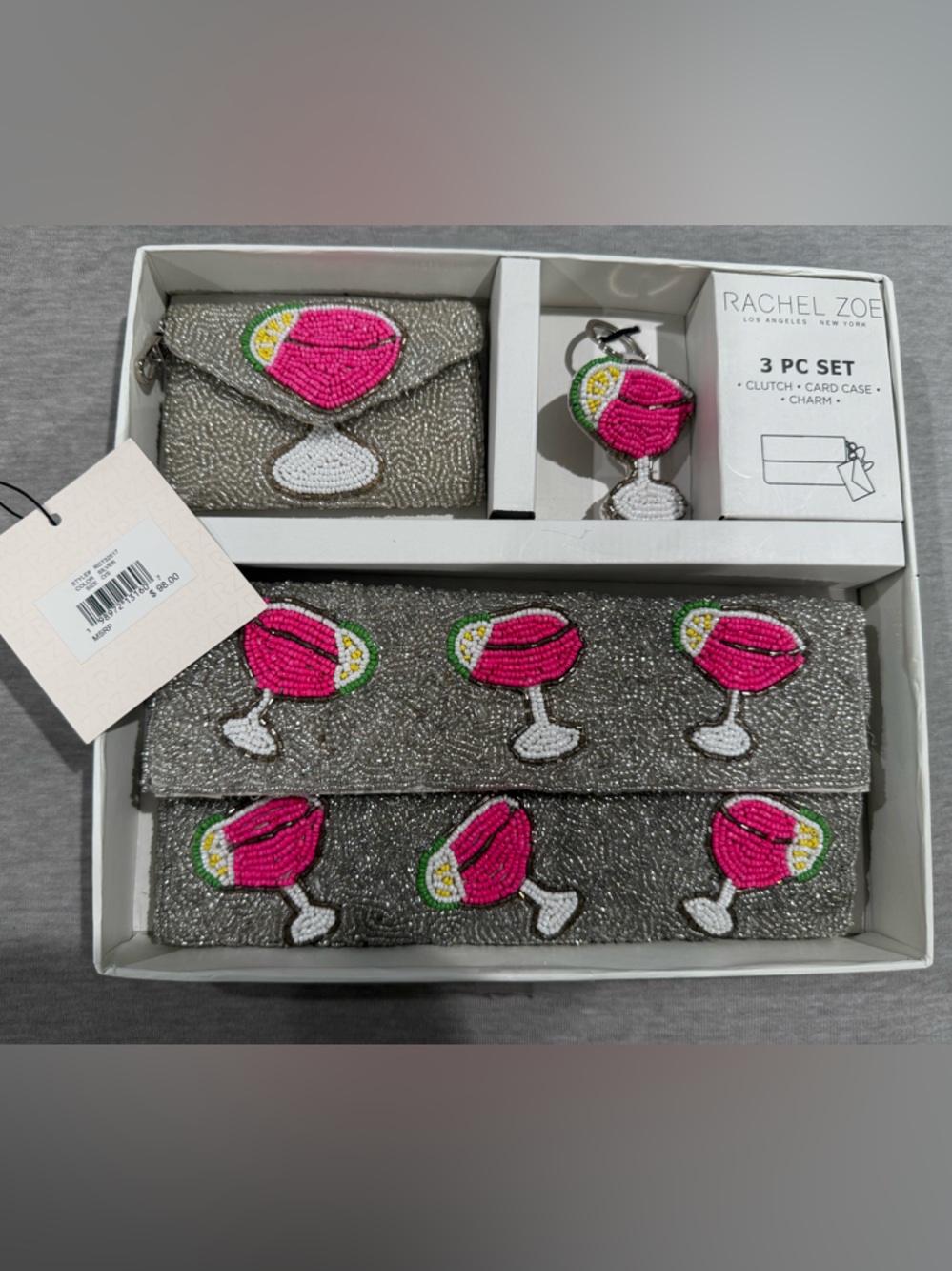 Rachel Zoe Beaded Silver Clutch Set with Pink Cocktail Motif